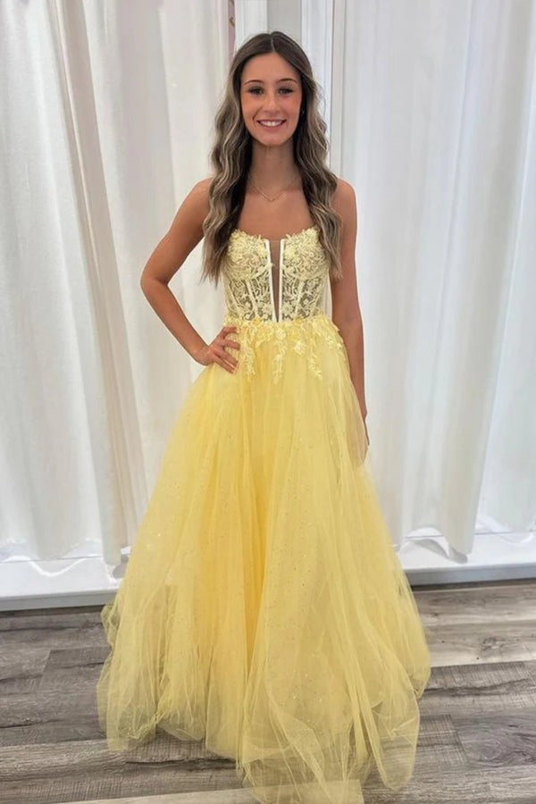 A Line V Neck Backless Yellow Lace Long Prom Dresses PSK552 US6 / Yellow A Line V Neck Backless Yellow Lace Long Prom Dresses PSK552 US6 / Yellow