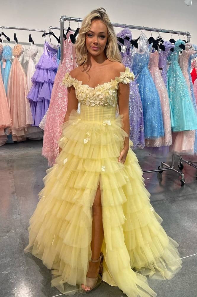yellow floral prom dress Yellow Off-the-Shoulder Floral Prom Dresses with Slit – luladress
