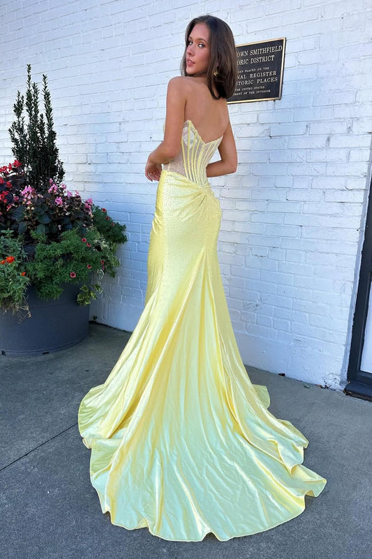 Robe de bal longue en satin jaune à corset sirène sans bretelles