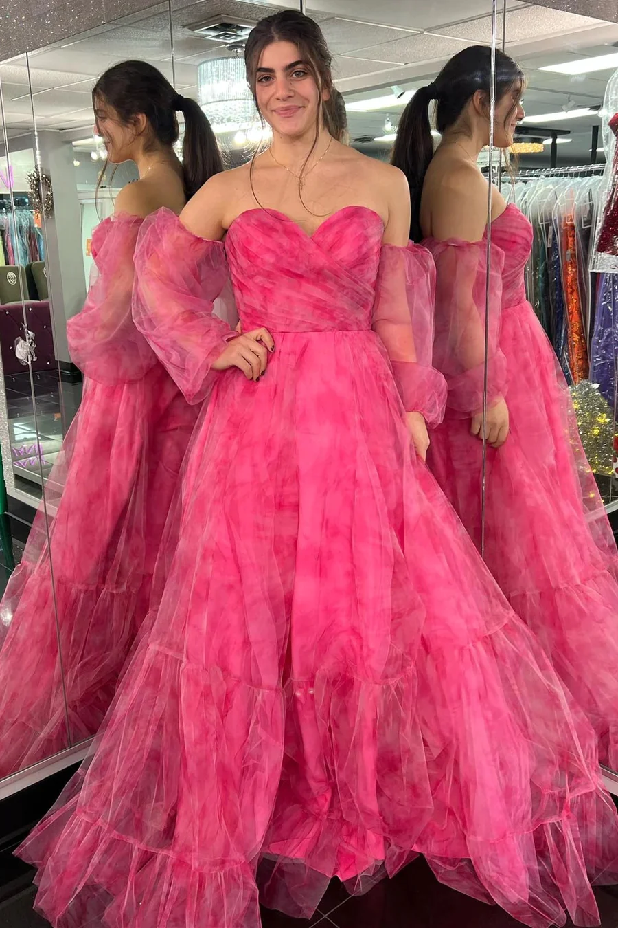 A-Line Hot Pink Print Sweetheart Long Prom Dresses luladress A-Line Hot Pink Print Sweetheart Long Prom Dresses luladress