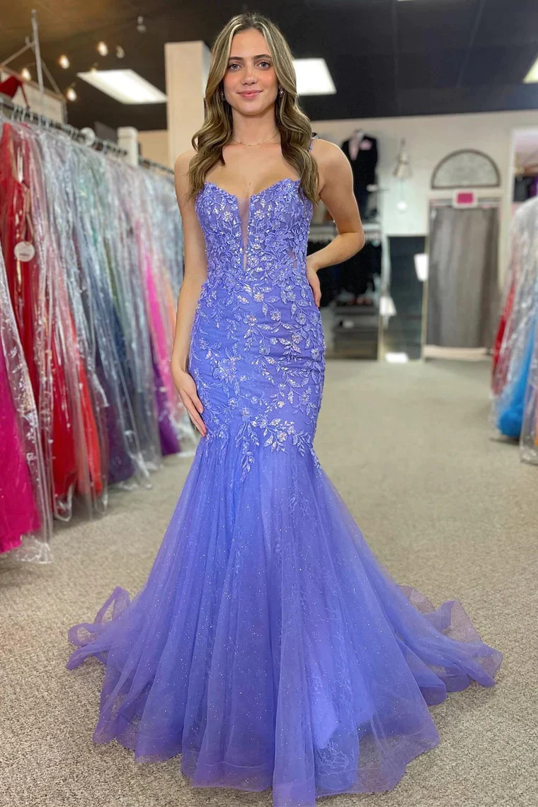 lavender blue prom dress Elegant Blue Tulle V neck Lace Long Prom Dress Formal Dress PG848 US2 / Lavender