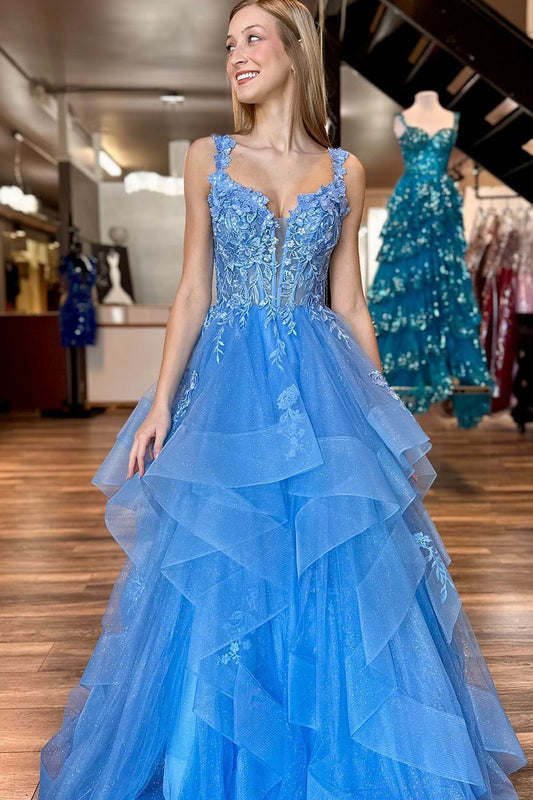 Blue Sparkly Ruffled Tulle V Neck Prom Dresses