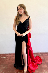 Mermaid V Neck Black Bow Back Long Prom Dresses