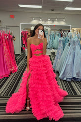 A-Line SStrapless Fuchsia Ruffle Tiered Long Prom Dresses