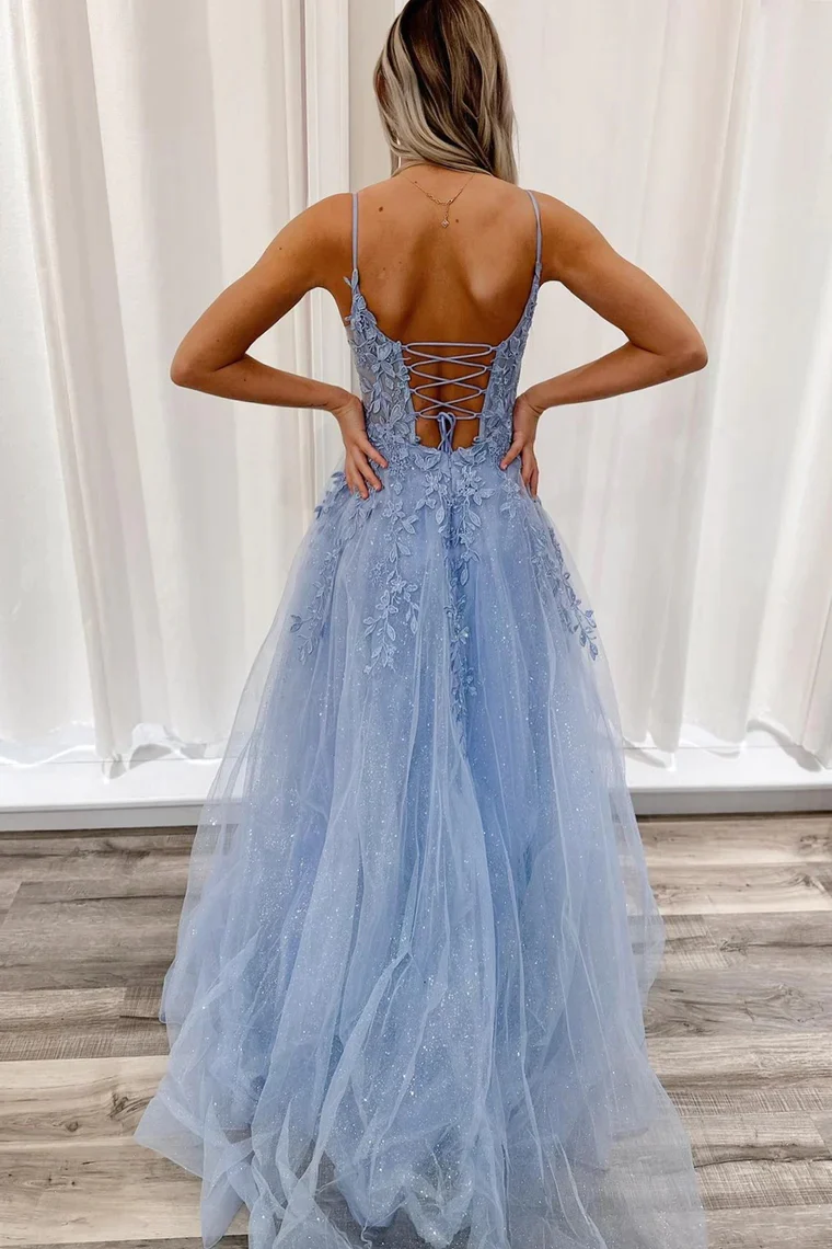 Light Blue Tulle Appliques Plunge V A-Line Long Prom Dresses
