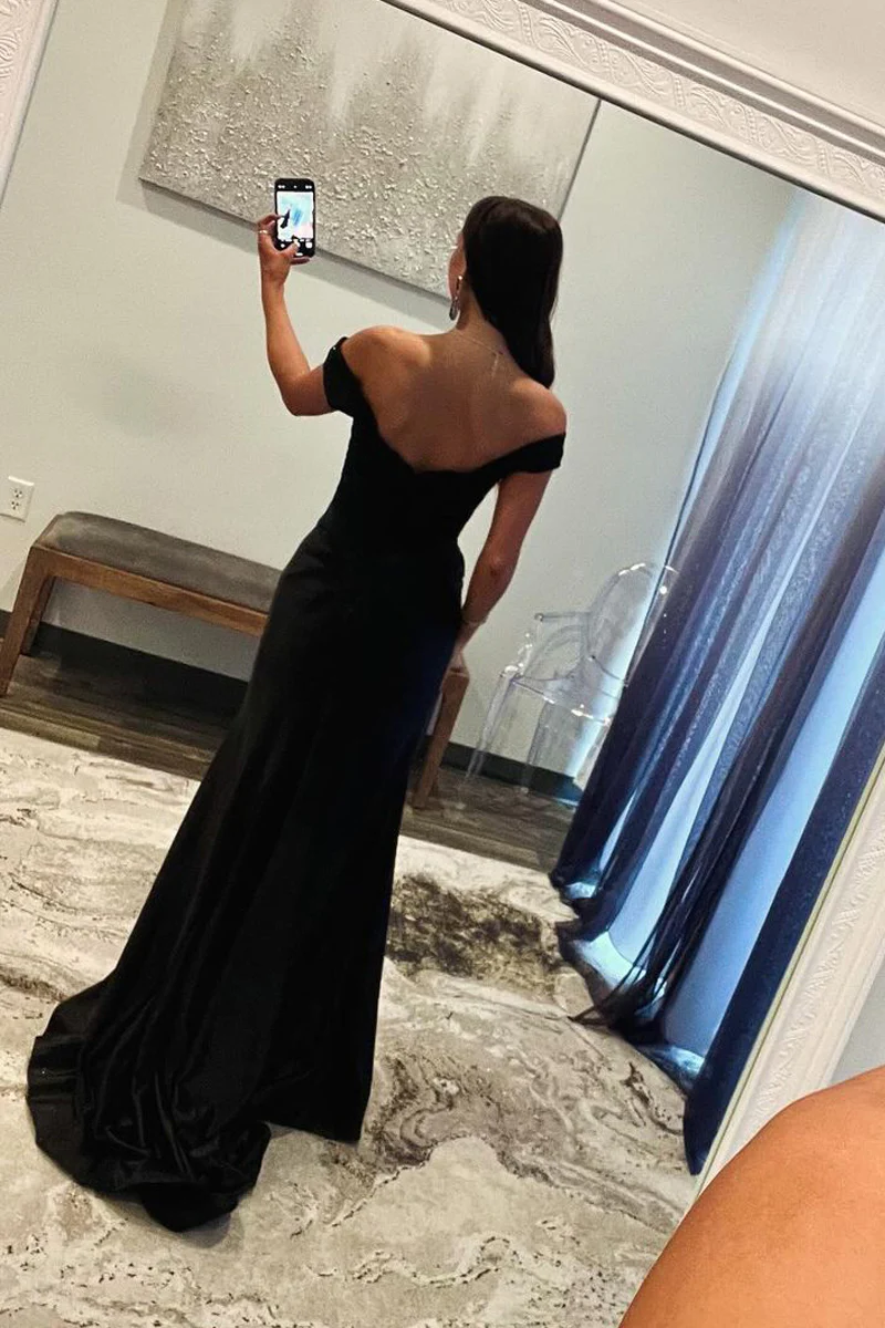 Black Off the Shoulder Satin Mermaid Long Prom Dresses