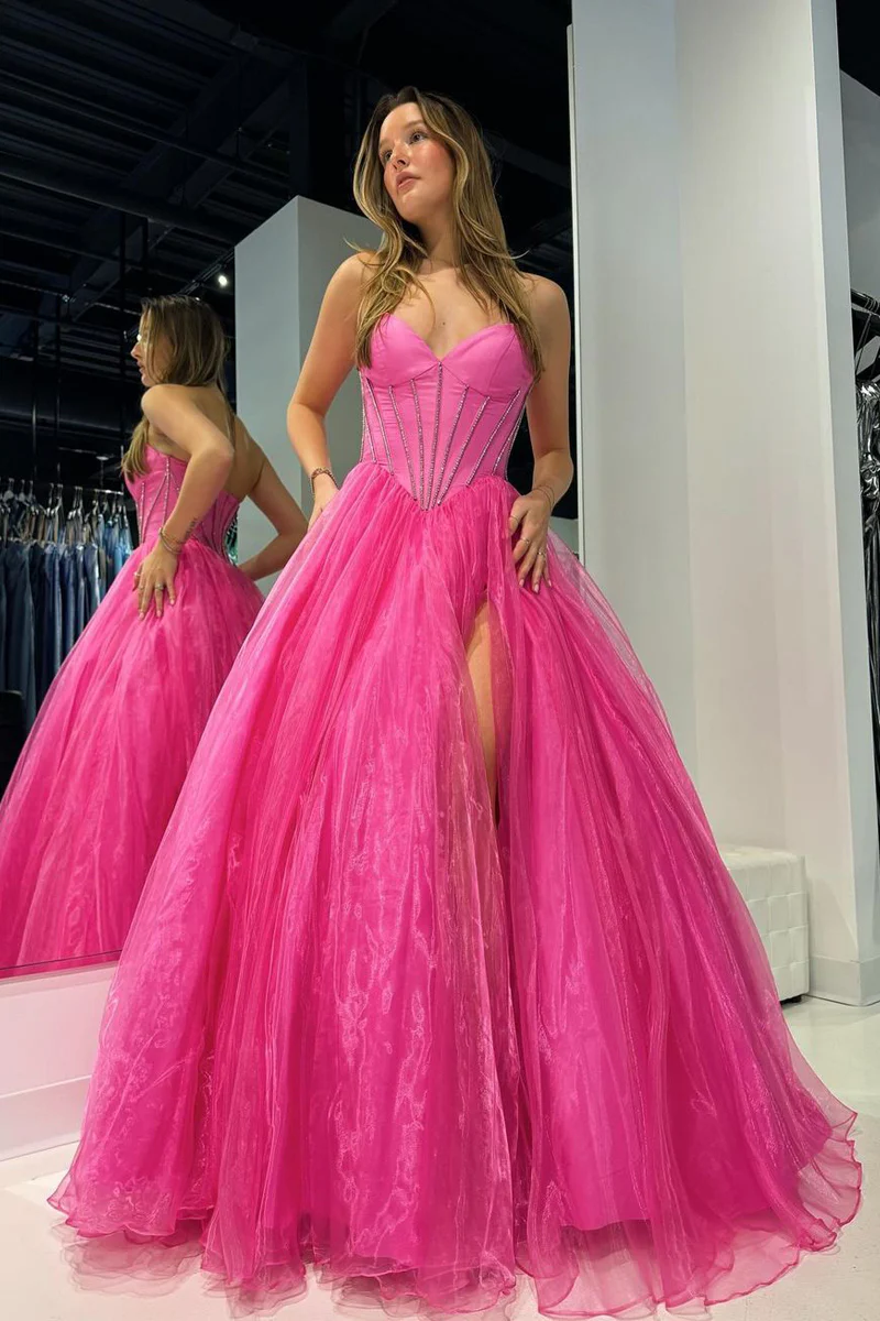 Pink Strapless Organza A-Line Long Prom Dresses Pic Color / Custom Size Pink Strapless Organza A-Line Long Prom Dresses Pic Color / Custom Size