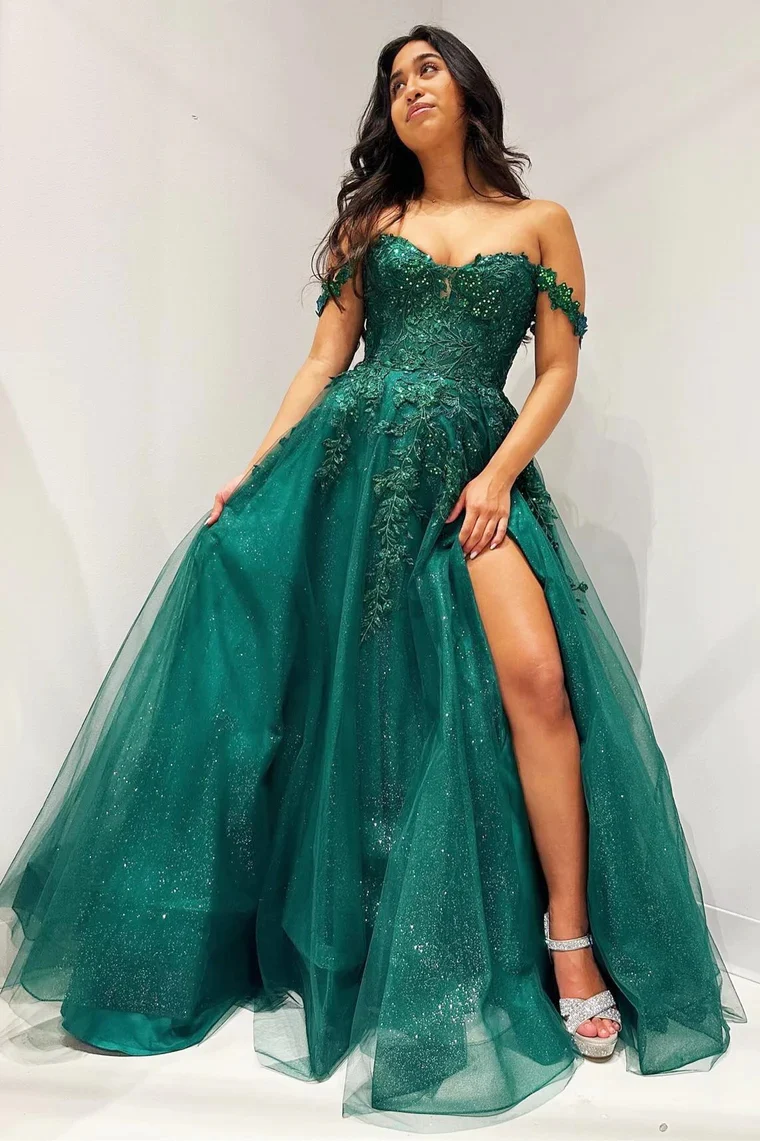 Glitter Emerald Appliques Off-The-Shoulder A-Line Long Prom Dresses Custom Color / Custom Size Glitter Emerald Appliques Off-The-Shoulder A-Line Long Prom Dresses Custom Color / Custom Size