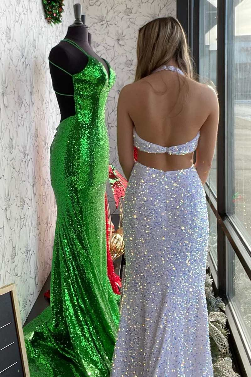 Mermaid Light Blue Iridescent Sequin Halter Cutout Long Prom Dresses