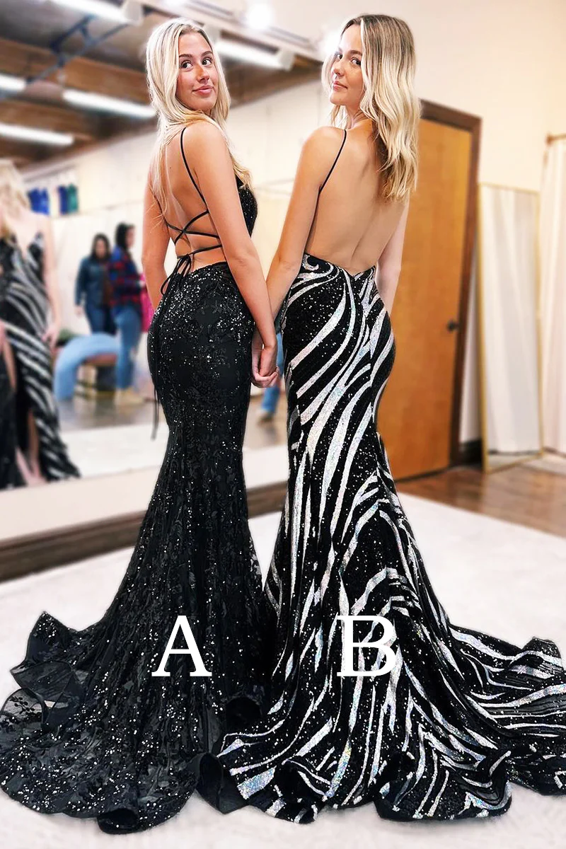 V Neck Sequins Black Mermaid Long Prom Dresses