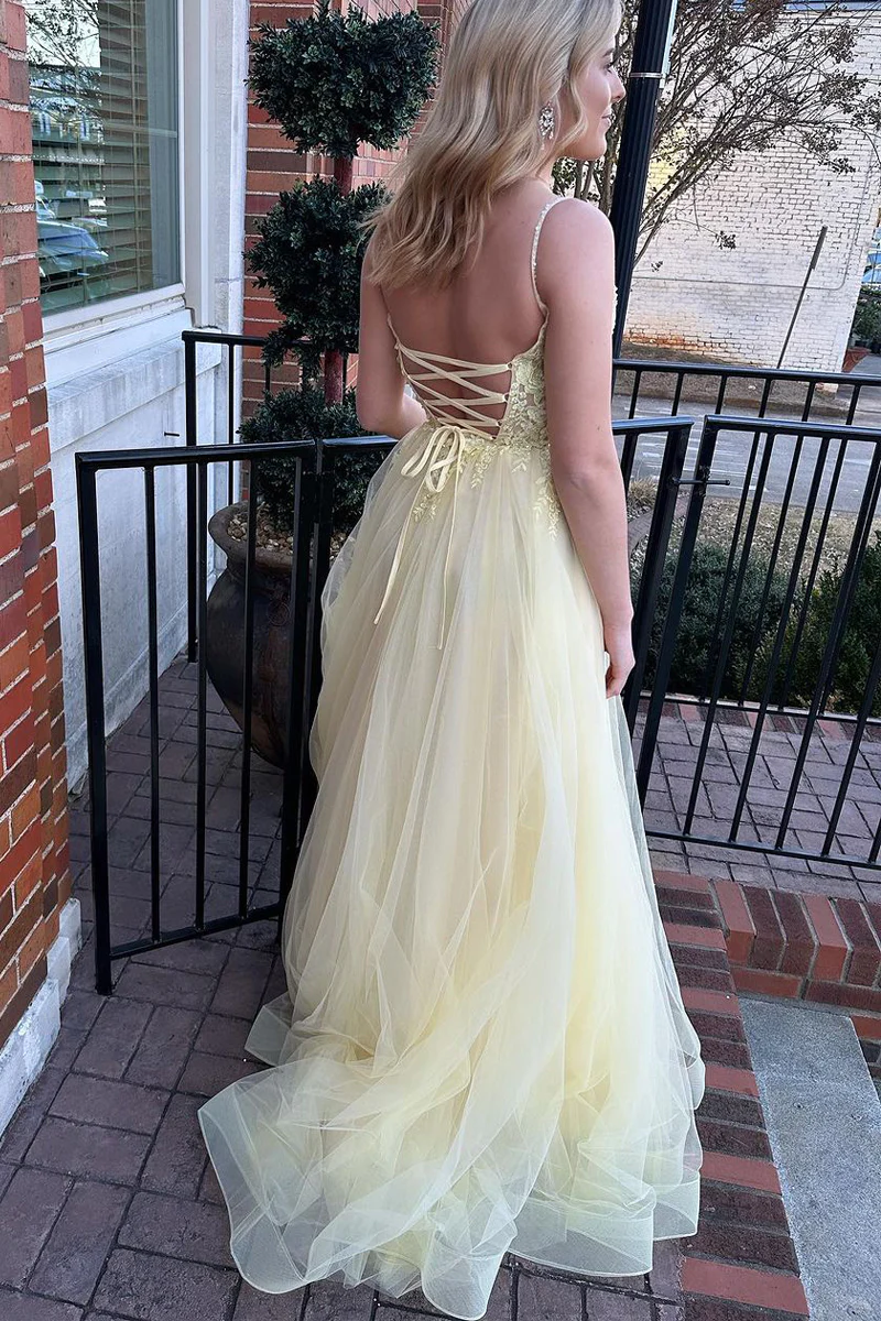 V Neck Yellow Tulle Long Prom Dresses with Appliques