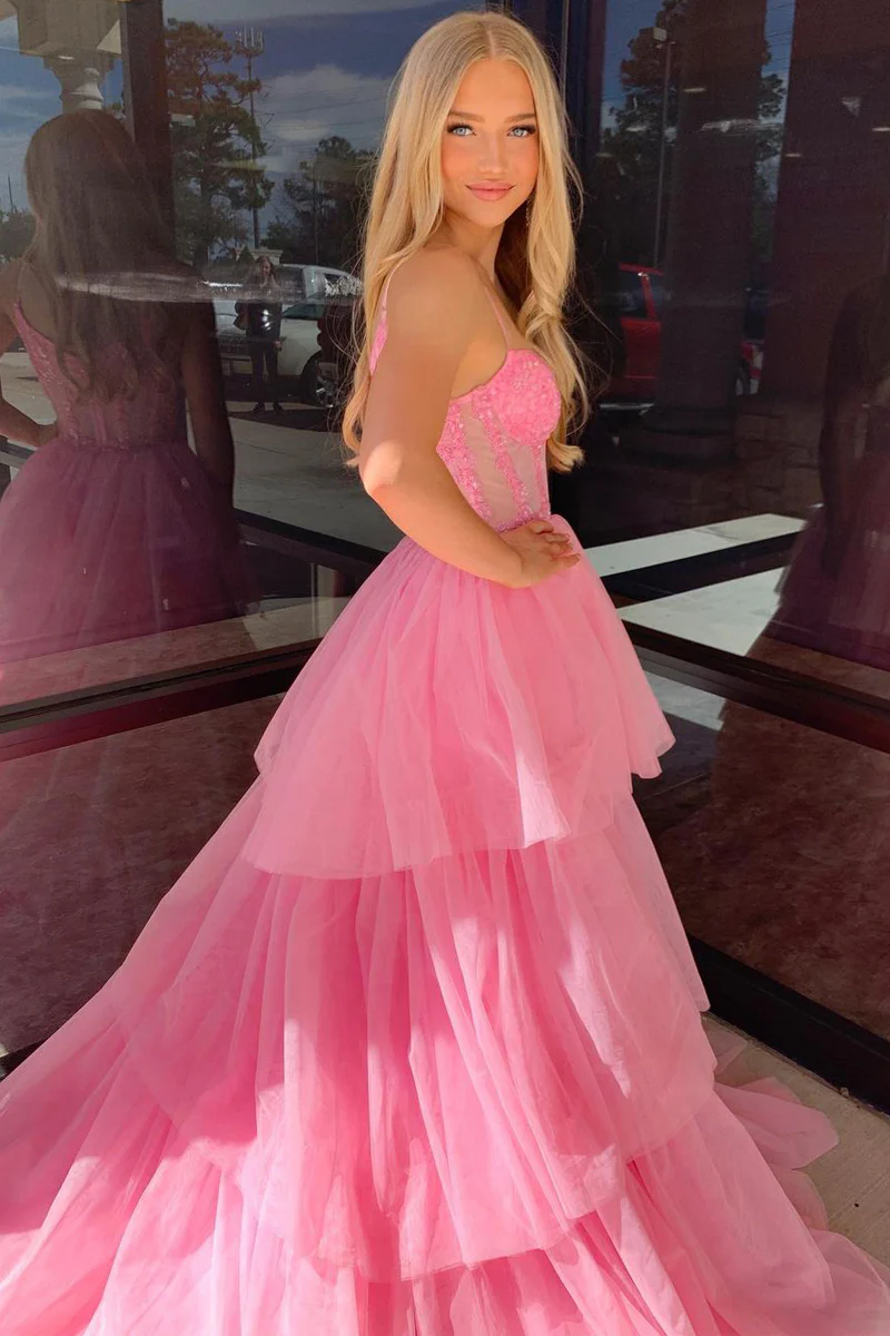 Cute A-Line Pink Tiered Tulle Long Prom Dresses