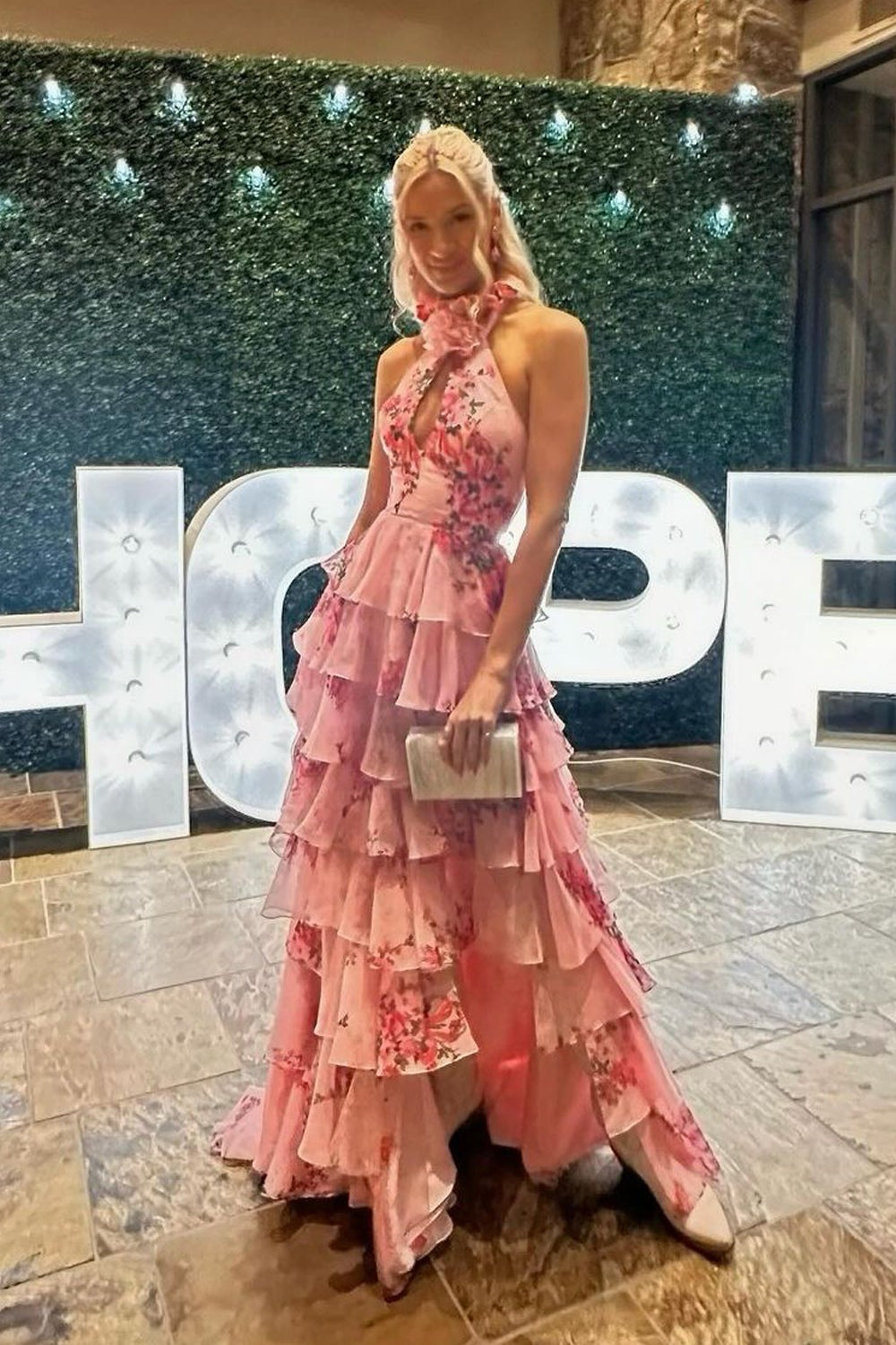 A Line Chiffon Keyhole Hatler Floral Printed Tiered Slit Prom Dresses luladress A Line Chiffon Keyhole Hatler Floral Printed Tiered Slit Prom Dresses luladress