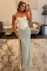 Satin Elegant Mermaid Long Prom Dresses With Pearls