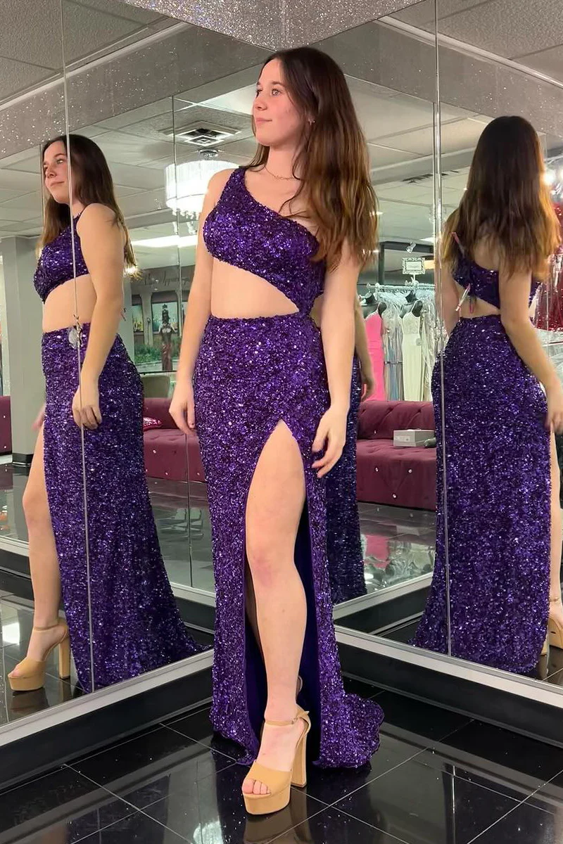 Purple One Shoulder Cutout Sequin Mermaid Long Prom Dresses
