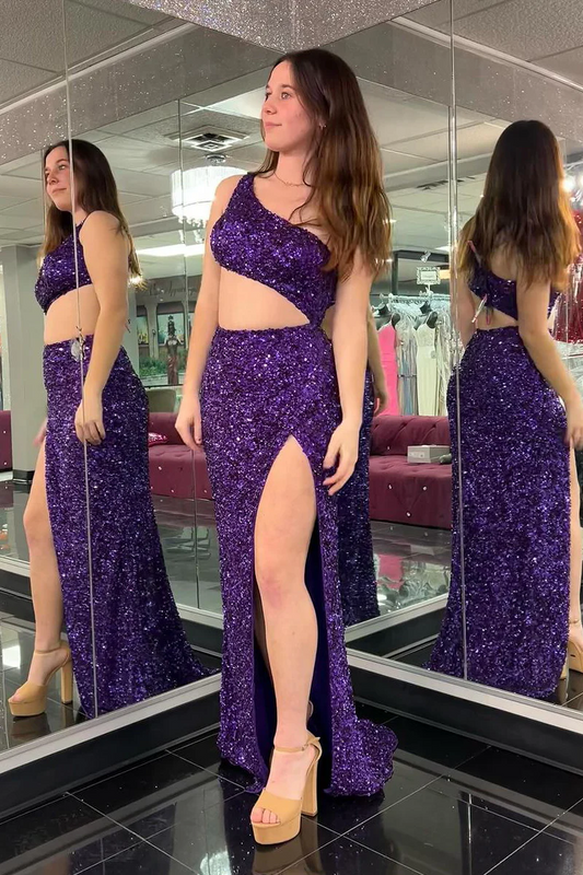 Purple One Shoulder Cutout Sequin Mermaid Long Prom Dresses