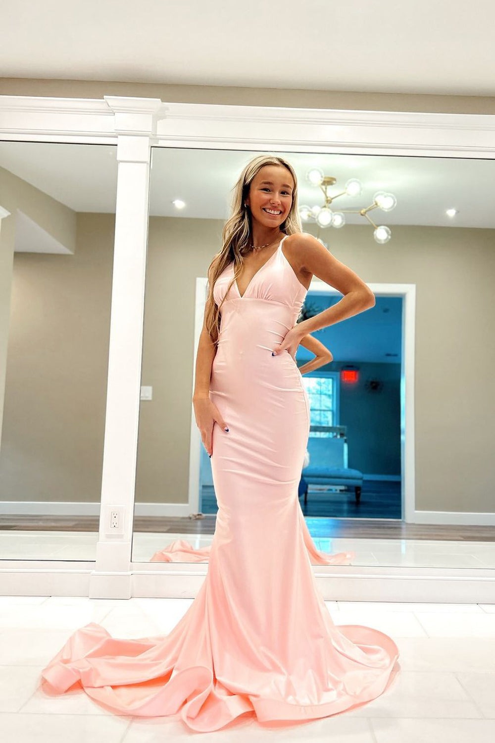 Charming Mermaid Blush Pink Satin Long V Neck Prom Dresses