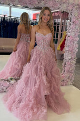 A Line V Neck Blush Pink Tulle Tiered Long Prom Dresses