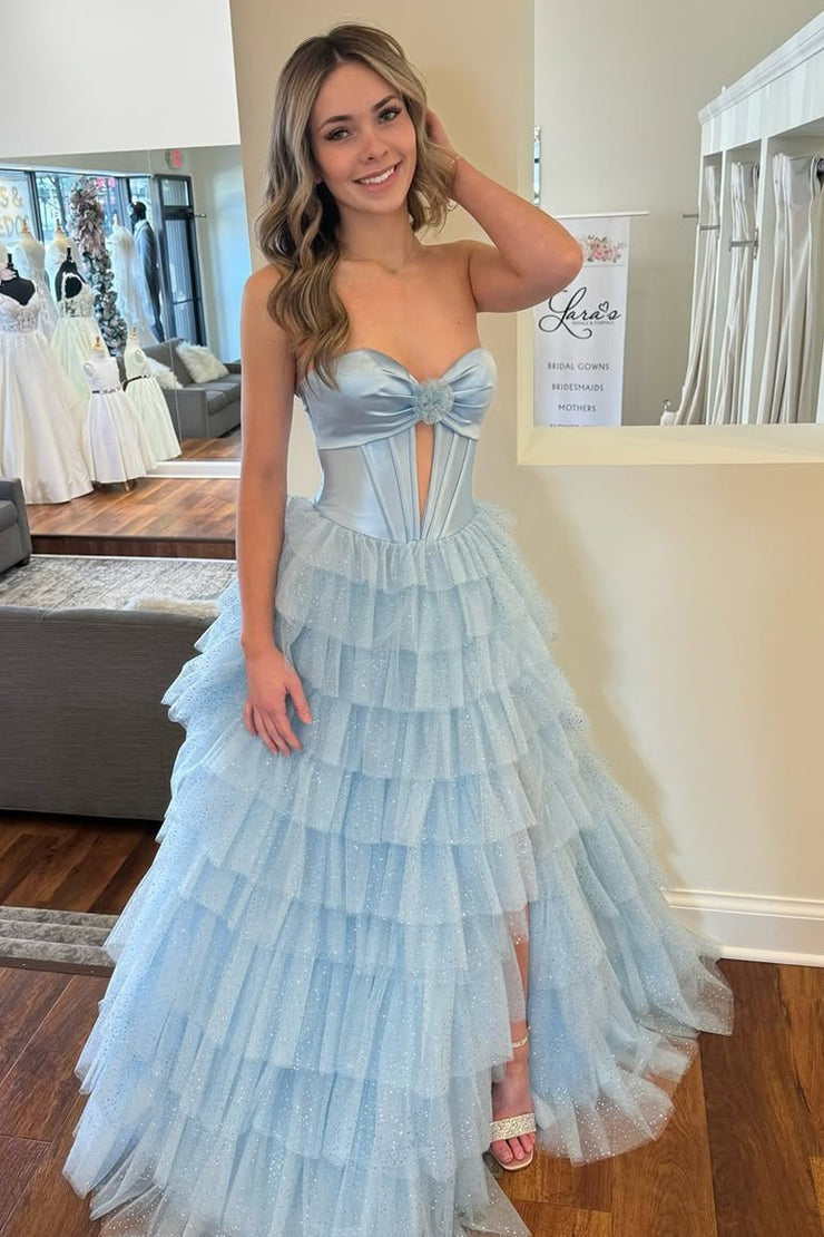 A Line Strapless Keyhole Light Blue Glitter Tulle Tiered Prom Dresses luladress A Line Strapless Keyhole Light Blue Glitter Tulle Tiered Prom Dresses luladress