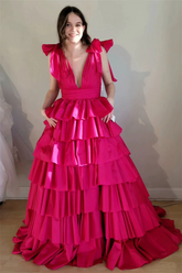 Fuchsia Bow Tie Straps Layers Plunging Long Prom Dresses