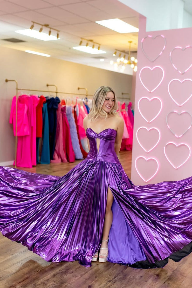 A Line Sweetheart Keyhole Metallic Satin Slit Prom Dresses A Line Sweetheart Keyhole Metallic Satin Slit Prom Dresses