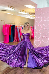 A Line Sweetheart Keyhole Metallic Satin Slit Prom Dresses