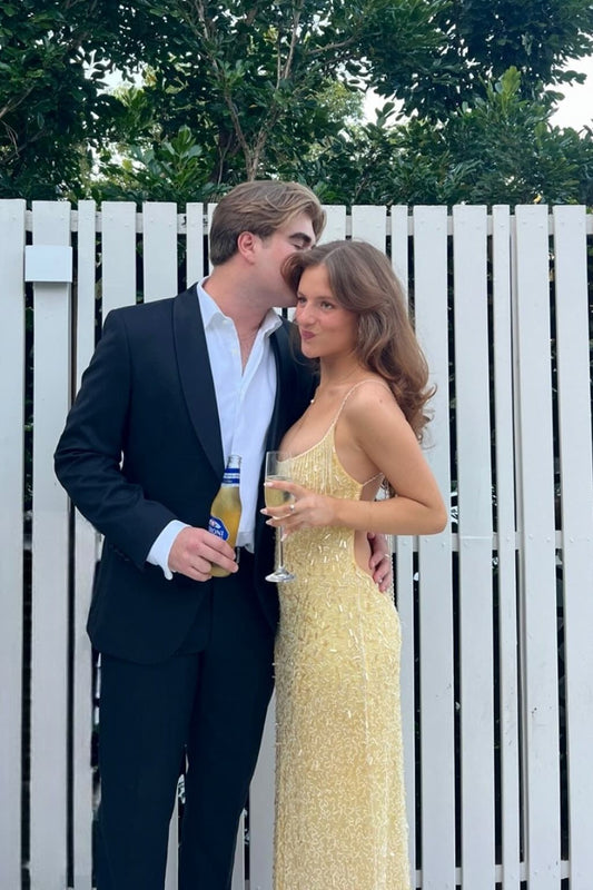 Élégante Robe de Bal Longue Sirène Jaune à Paillettes avec Bretelles Fines