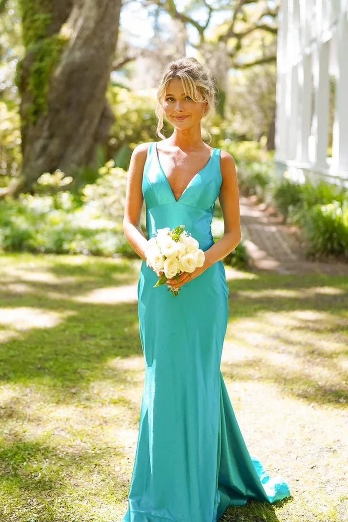 Simple Mermaid V Neck Green Satin Long Prom Dresses Simple Mermaid V Neck Green Satin Long Prom Dresses