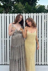 Stylish Sheath Spaghetti Straps Yellow Sequins Mermaid Long Prom Dress