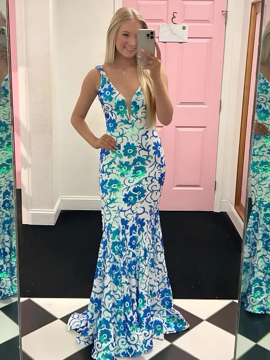 V Neck Blue White Sequins Long Mermaid Prom Dresses