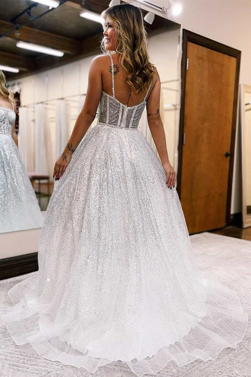 A-Line Silver Ombre Sequins Princess Straps Prom Dresses