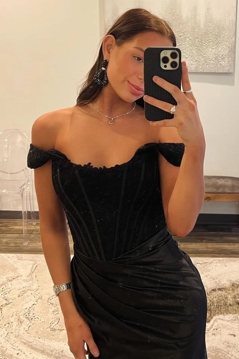 Black Off the Shoulder Satin Mermaid Long Prom Dresses