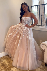 A-Line Champagne Tulle Strapless Long Prom Dresses