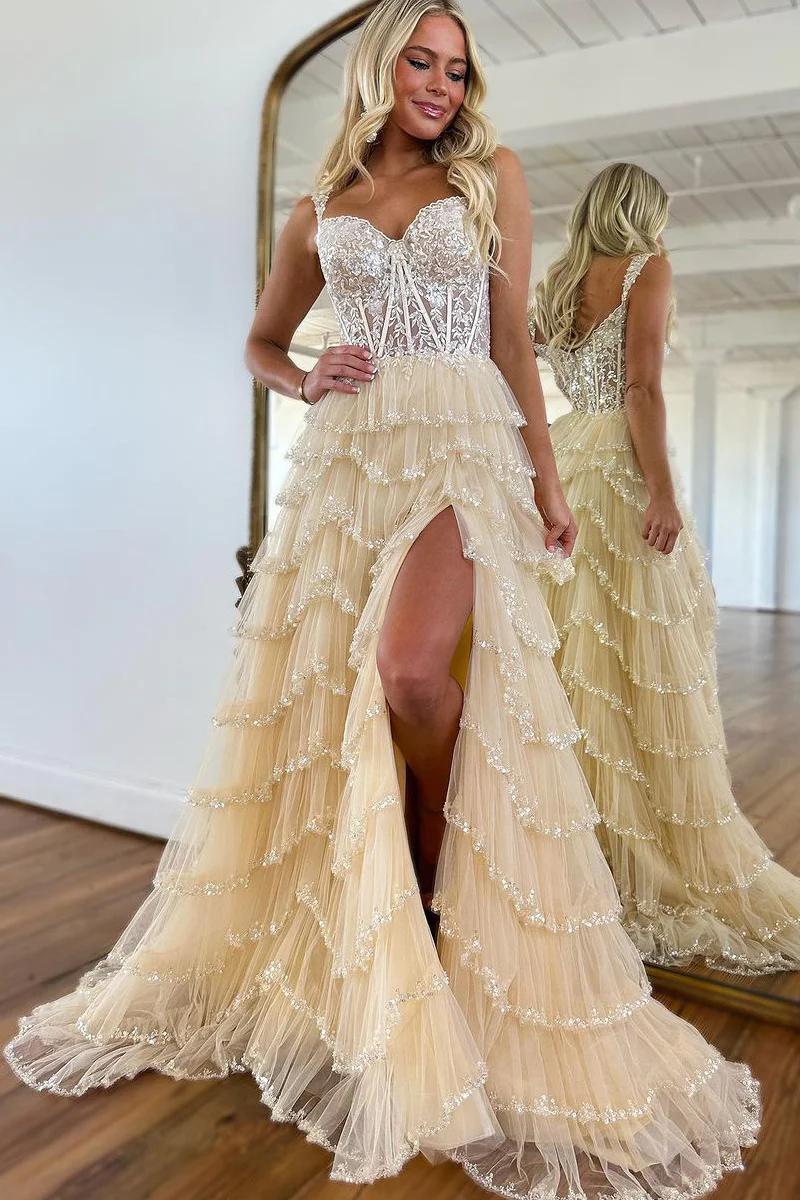 Champagne A-Line Sweetheart Tulle Prom Dresses with Appliques Custom Color / US4 Champagne A-Line Sweetheart Tulle Prom Dresses with Appliques Custom Color / US4