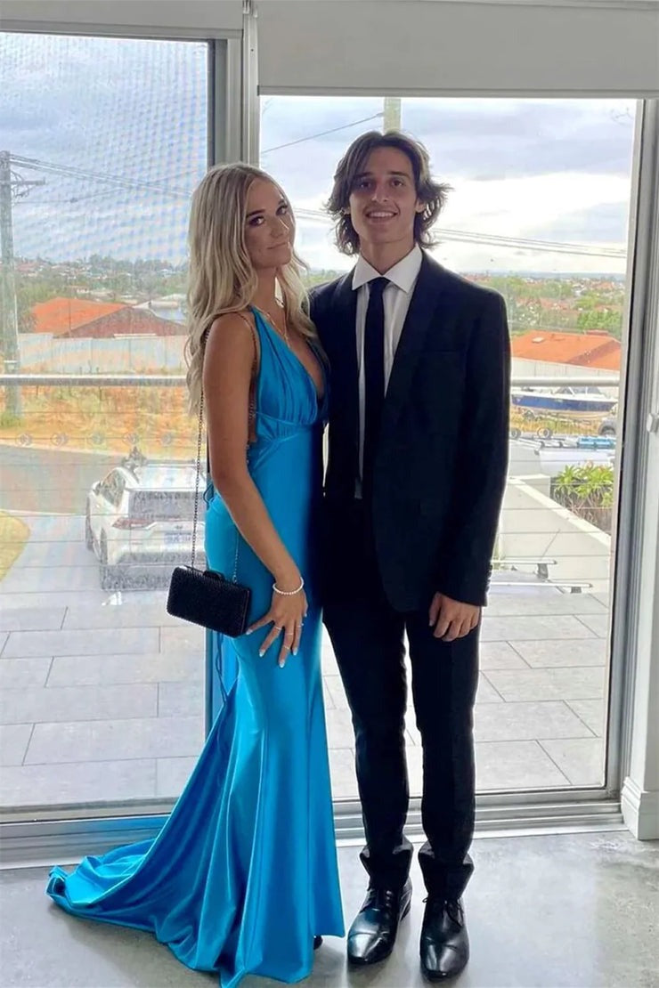 Mermaid Deep V Neck Blue Satin Prom Dresses Pic Color / US16 Mermaid Deep V Neck Blue Satin Prom Dresses Pic Color / US16