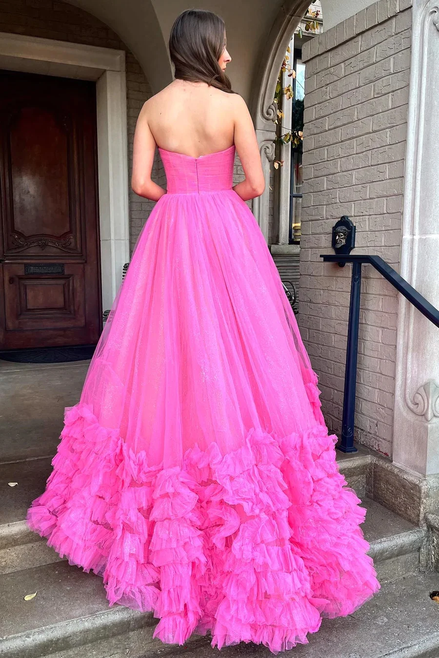 Long Fuchsia Strapless Ruffle A-Line Prom Dresses