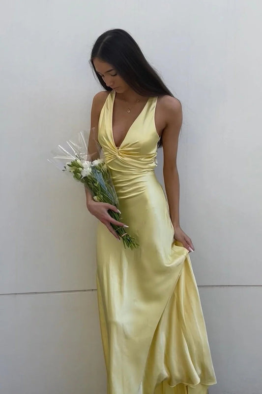 Sheath Halter Neck Yellow Satin Long Prom Dresses
