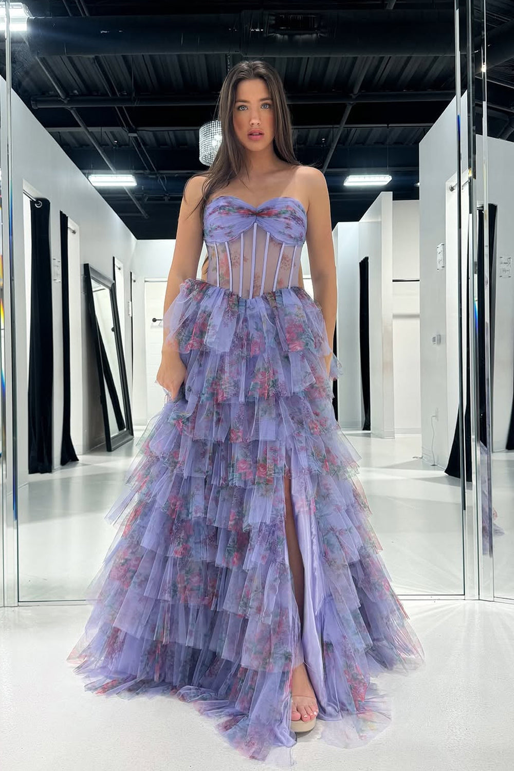 ruffle tiered prom dress Red Tulle Off-the-Shoulder Long Lavender / 00 / Tulle the tiered skirt blooms into a sumptuous cascade of layered tulle BABARONI BABARONI Tulle Turquoise Prom