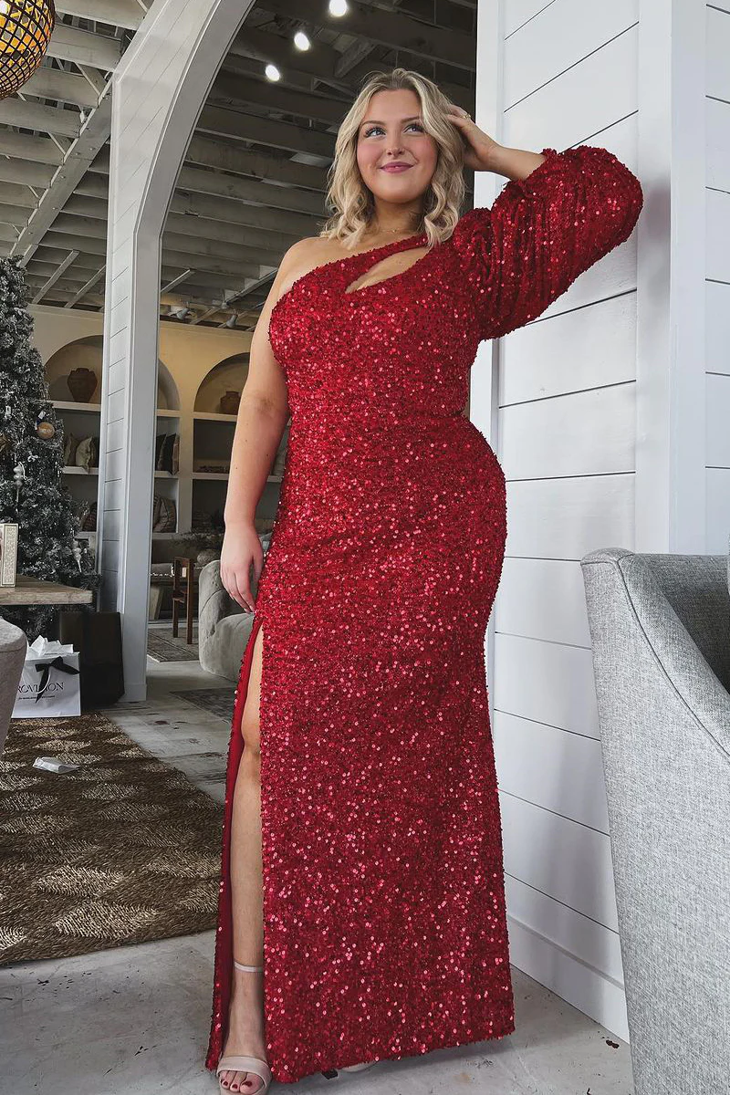 Red Sequins One Shoulder Mermaid Long Prom Dresses
