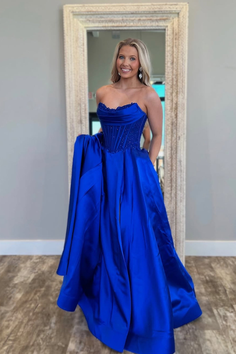 A-Line Strapless Royal Blue Satin Long Prom Dresses – luladress A-Line Strapless Royal Blue Satin Long Prom Dresses – luladress