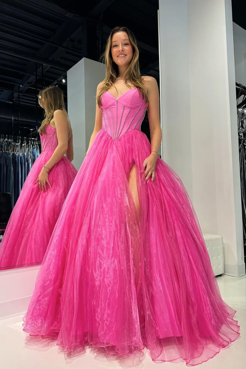 Pink Strapless Organza A-Line Long Prom Dresses