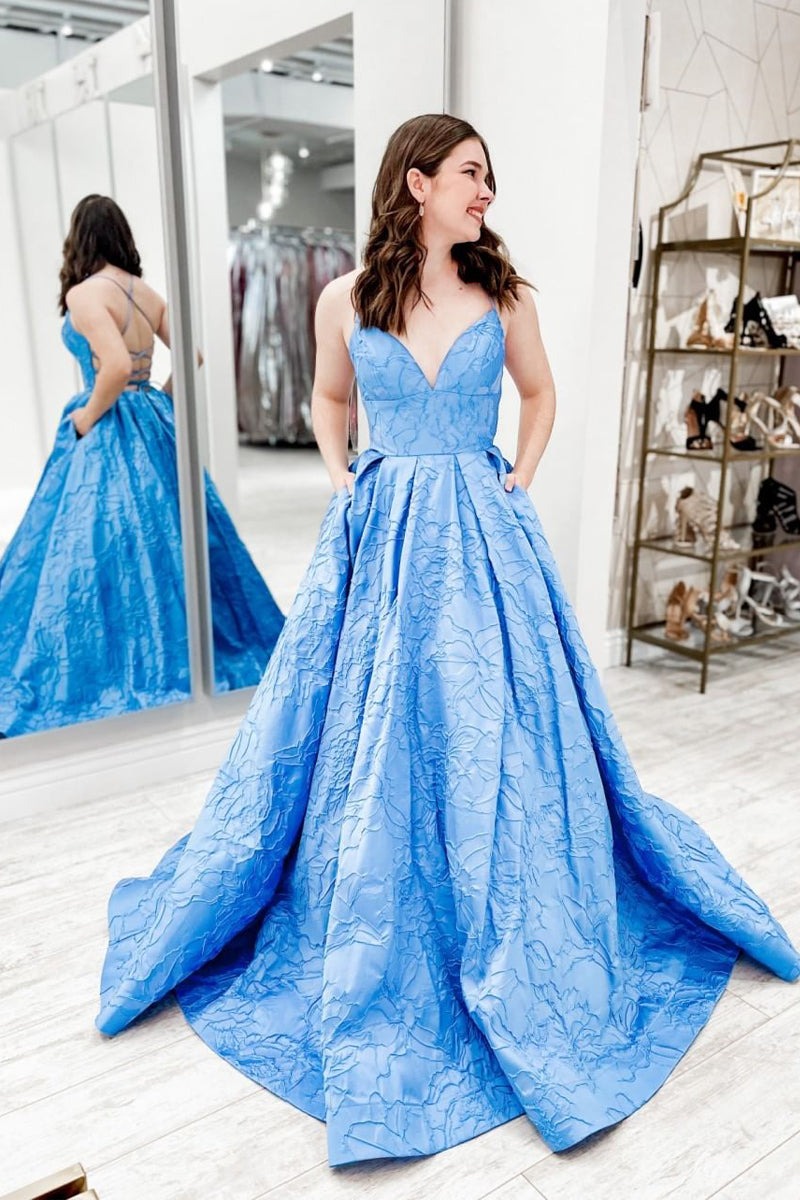 Blue V Neck Satin A-Line Prom Dresses – luladress