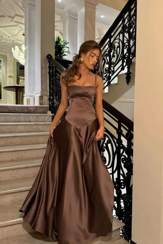 A Line Spaghetti Straps Brown Party Dresses A Line Spaghetti Straps Brown Party Dresses
