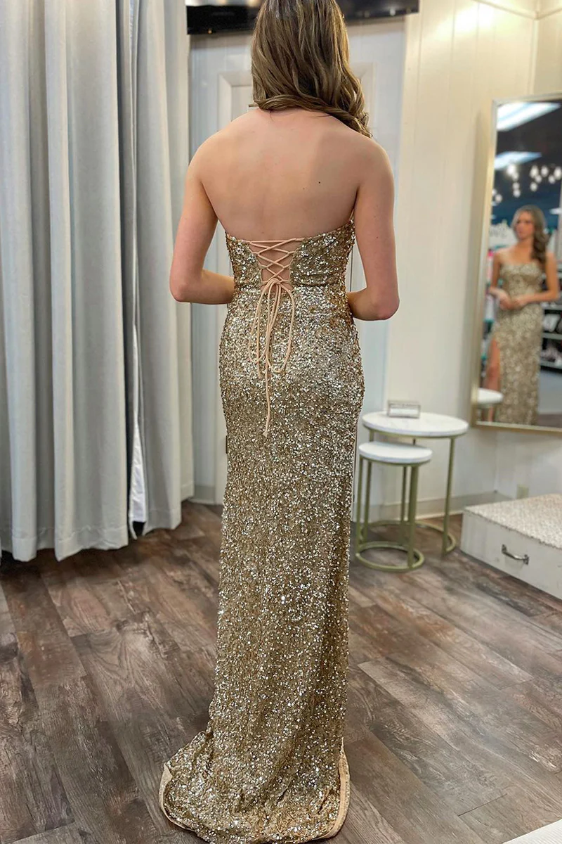 Gold Strapless Sequins Mermaid Prom Dresses