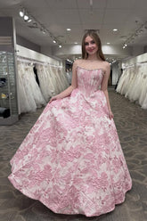 A Line Scoop Neck Satin Pink Jacquard Prom Dresses