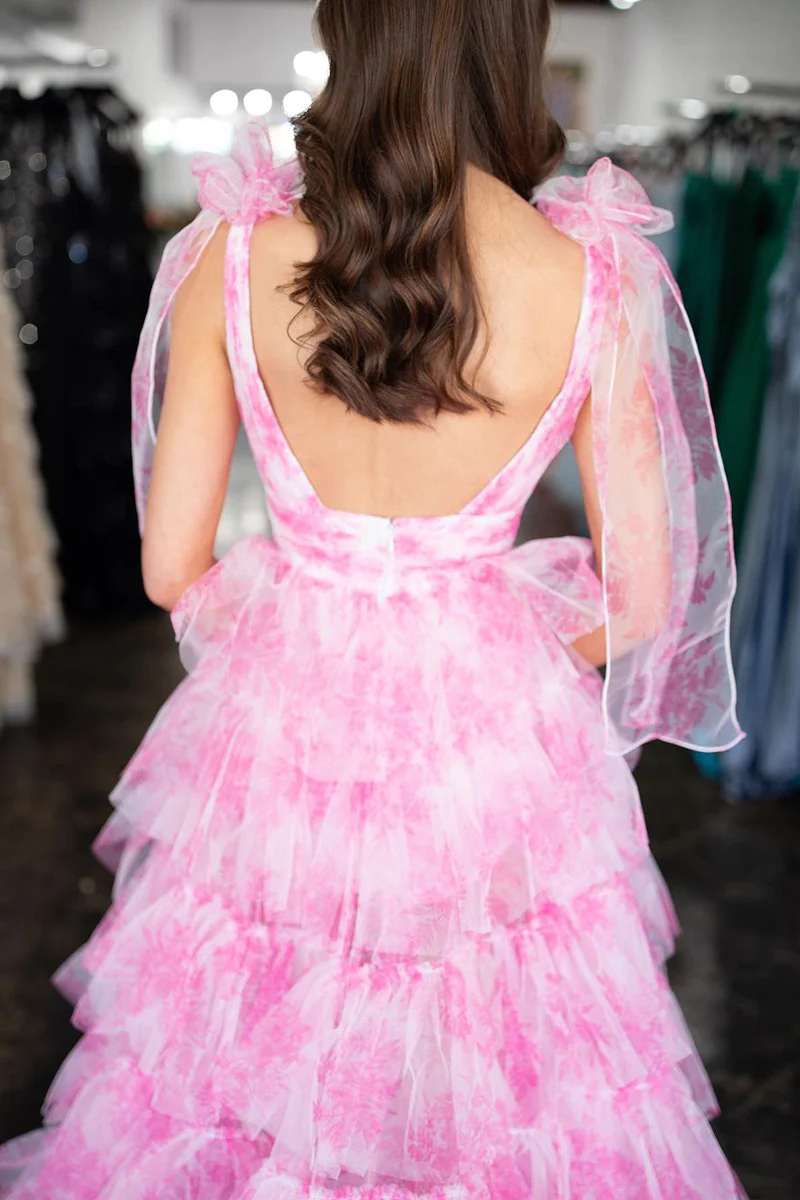 Pink Floral Printed V Neck Ruffle Tiered Long Prom Dresses