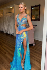 Mermaid V Neck Blue Sequins Prom Dresses