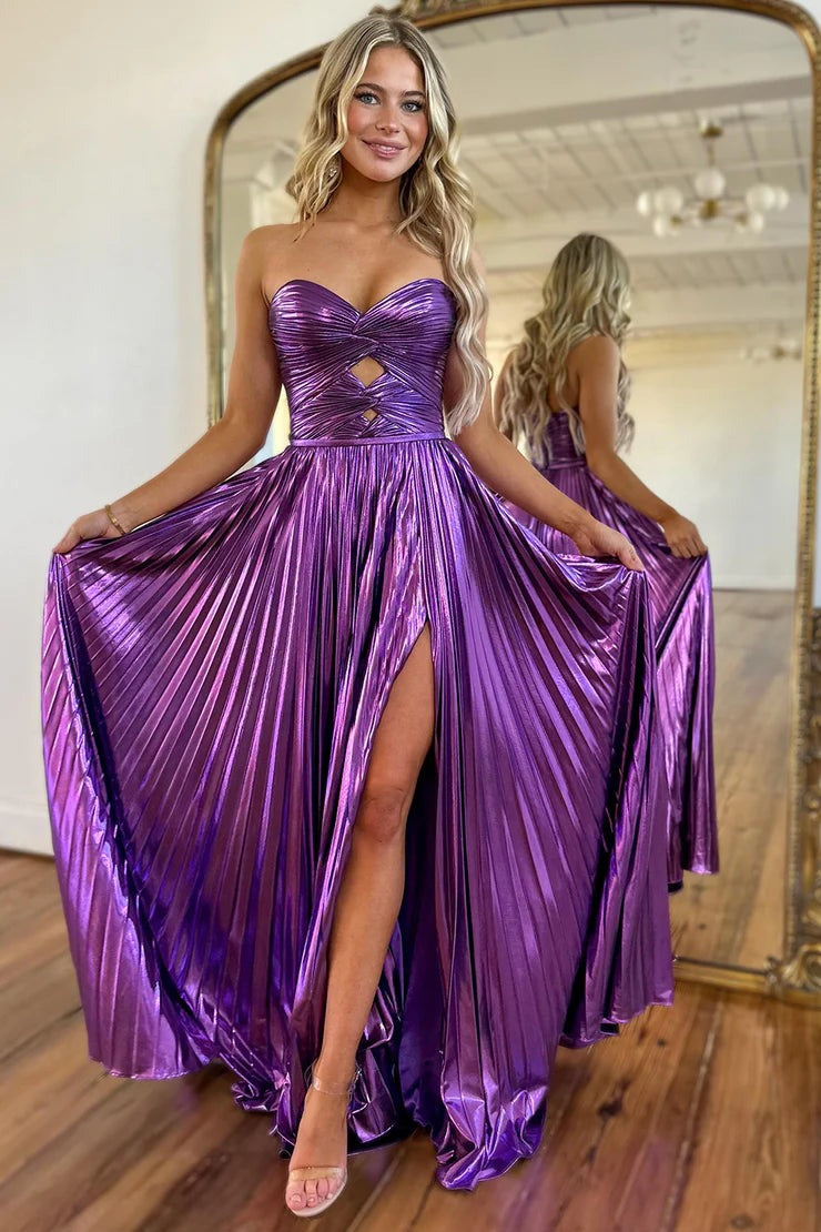 A Line Purple Metallic Satin Pleat Sweetheart Prom Dresses Pic Color / US12 A Line Purple Metallic Satin Pleat Sweetheart Prom Dresses Pic Color / US12