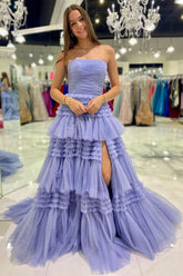 A Line Tulle Strapless Fuchsia Long Prom Dresses