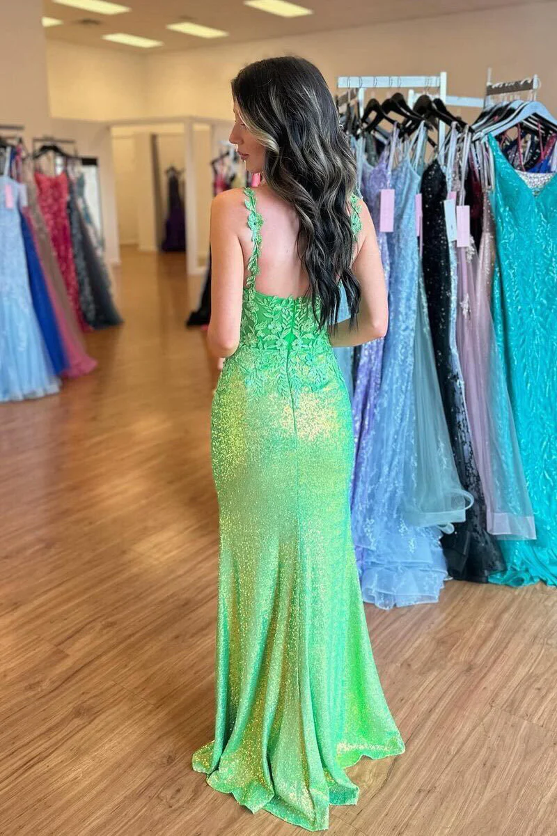 Cute Mermaid V Neck Green Sequin Mermaid Long Prom Dresses